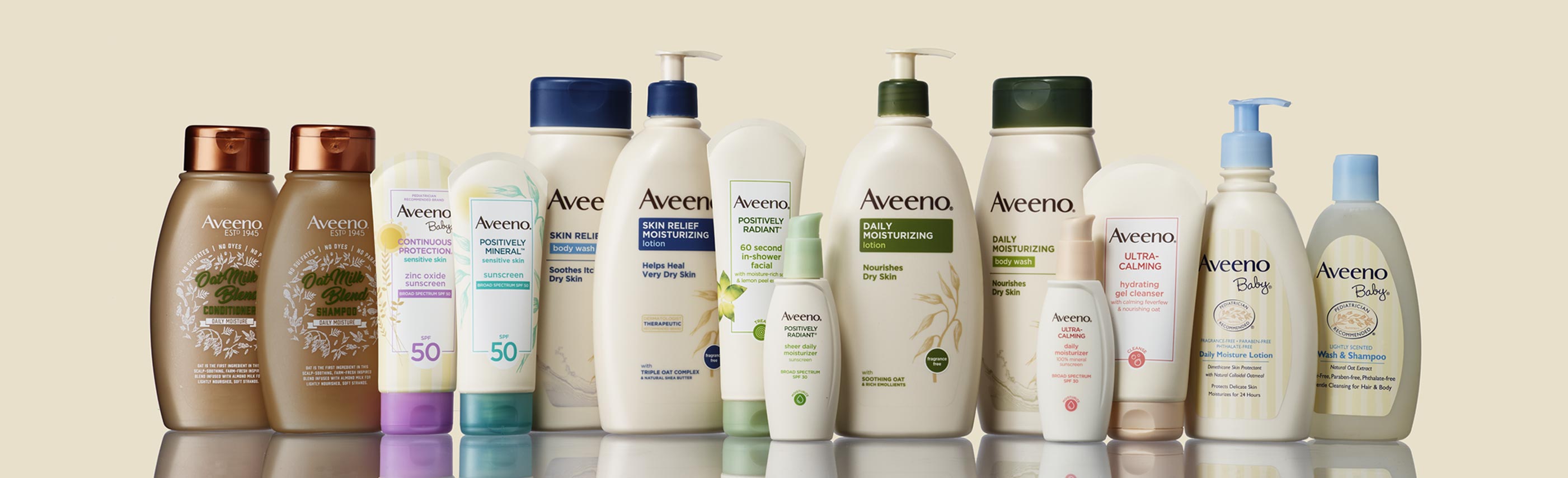 Productos Aveeno en línea con pantalla solar, cuidado del cabello, loción skin relief, positively radiant, ultra-calming y baby 