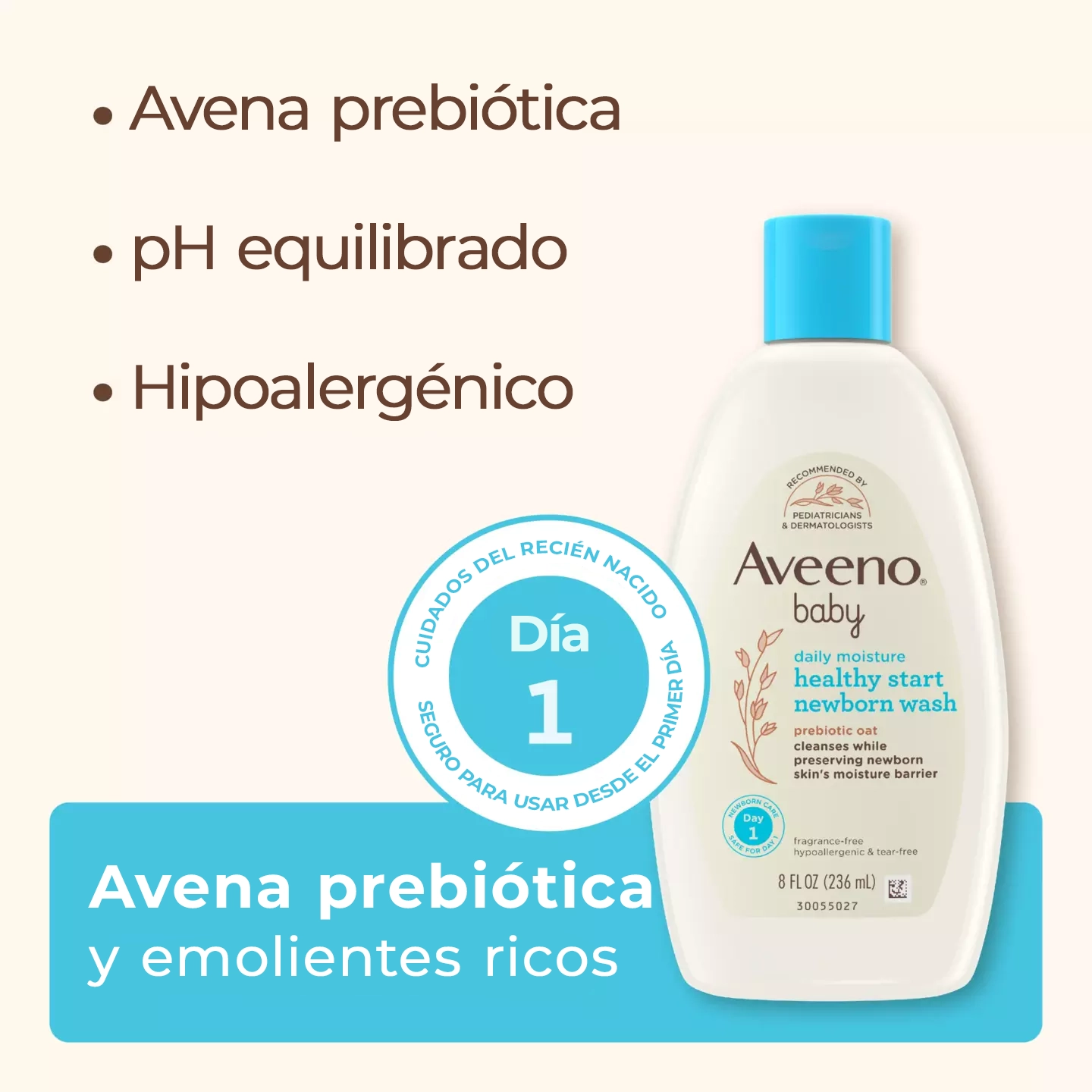 Image displays Aveeno Healthy Start Newborn Wash listing its main features: Prebiotic oat, pH-balanced, and Hypoallergenic