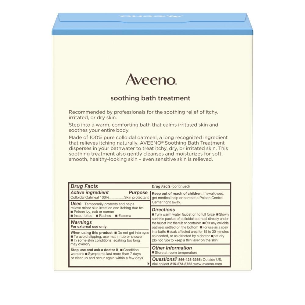 Imagen de producto de la parte trasera de los ingredientes de Aveeno Soothing Bath Treatment. Alivia la picazón de la piel con avena coloidal
