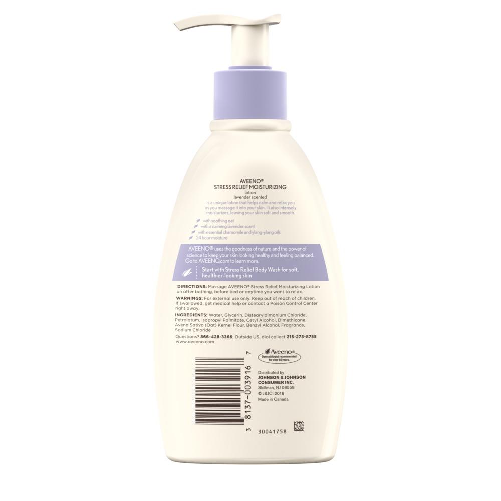 Imagen de producto de la parte posterior de Lavender Scented Aveeno Stress Relief Moisturizing Lotion with Oat, Chamomile and Ylang-Ylang Oils