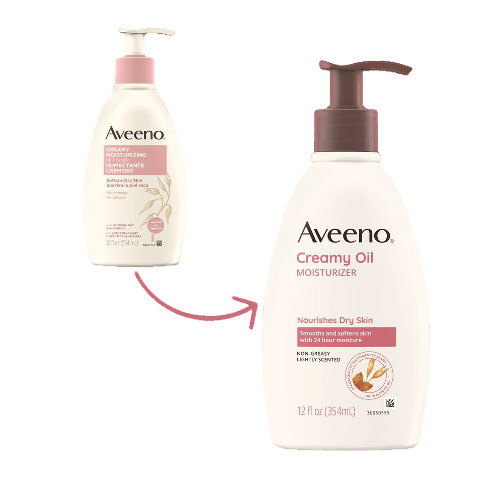 Transición del envase de Aveeno Creamy Oil Body Moisturizer for Dry Skin