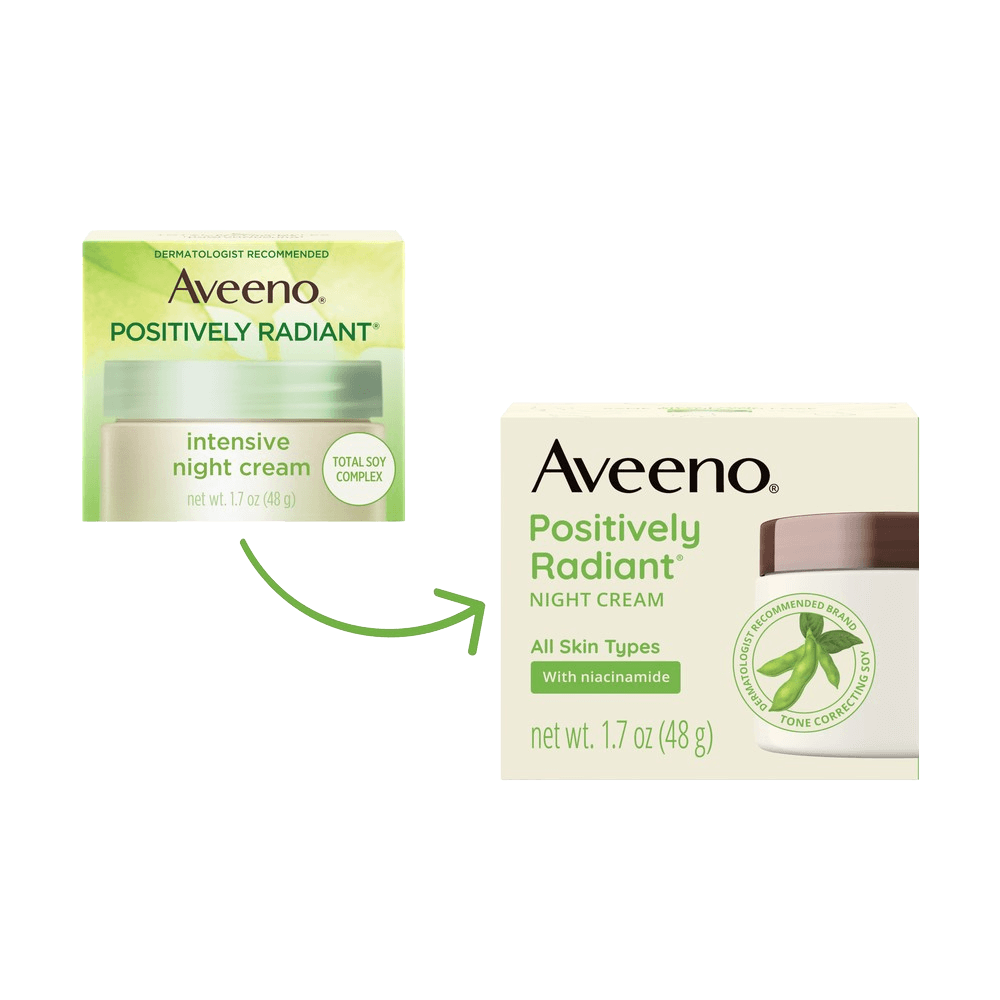 Transición del envase de Aveeno Positively Radiant Moisturizing Night Face Cream