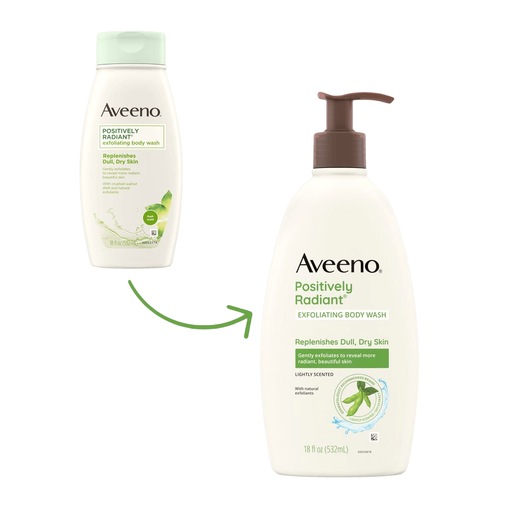 Transición del envase de Aveeno Positively Radiant Exfoliating Body Wash