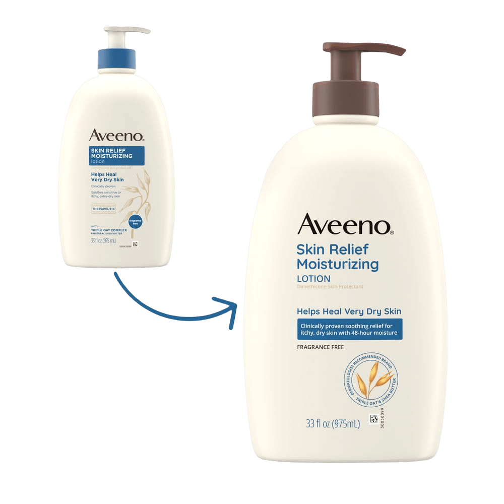 Transición del envase de Aveeno Skin Relief Moisturizing Lotion for Very Dry Skin