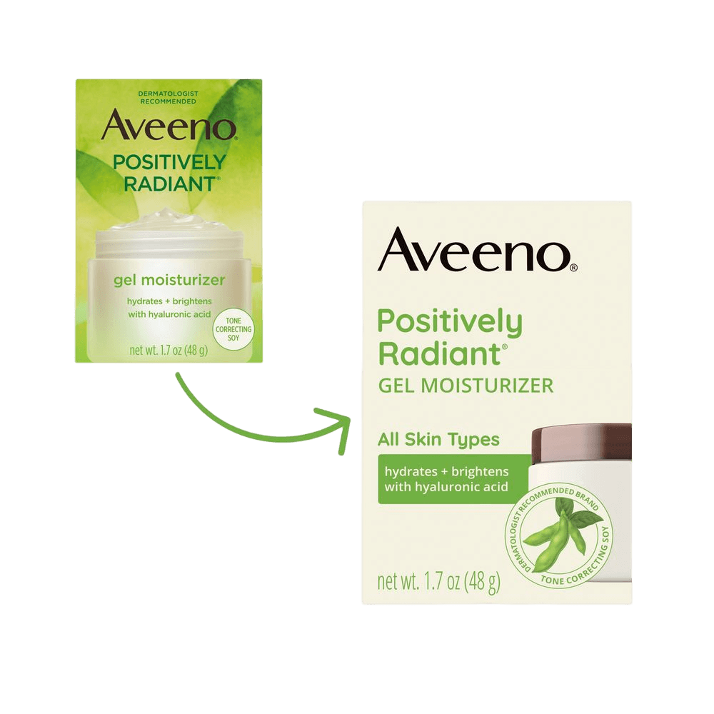 Transición del envase de Aveeno Positively Radiant Daily Gel Facial Moisturizer