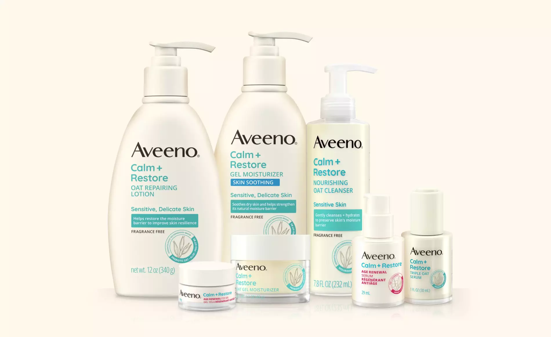 Seven skincare products representing the Aveeno® Calm + Restore® product collection