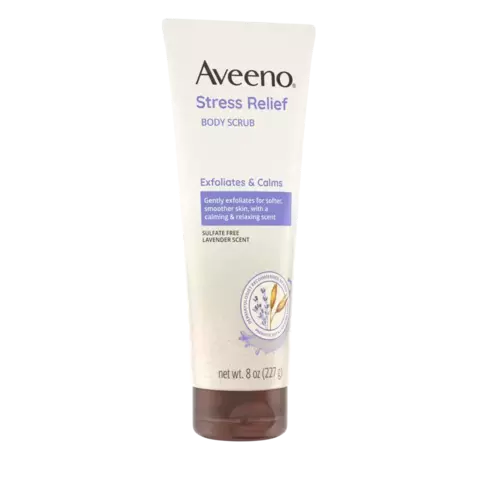 Frente de Aveeno Stress Relief Exfoliating Body Scrub, Lavender